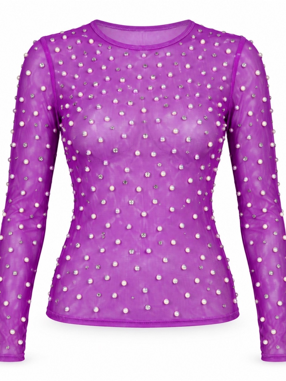 Mesh Pearl-Embellished Long-Sleeve Top - Purple